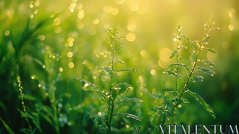 Morning dew sparkles on fresh green grass in golden light