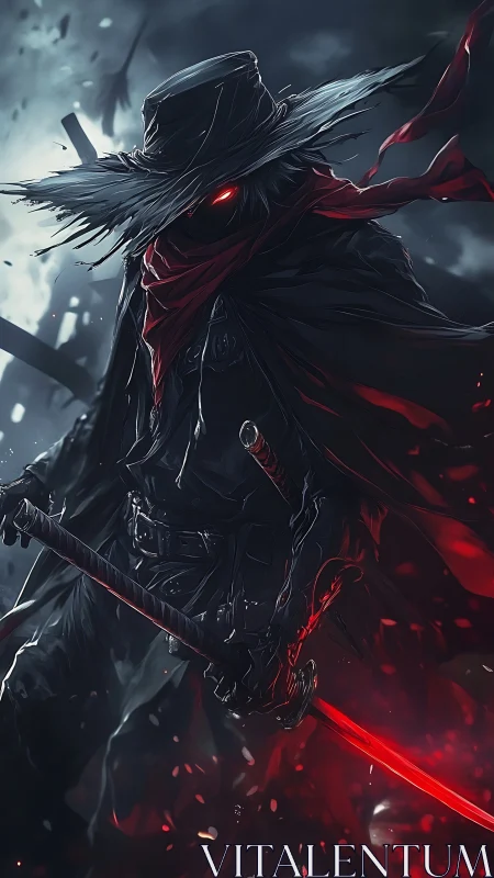 Anime dark swordsman with glowing katana in storm-lit ruins.