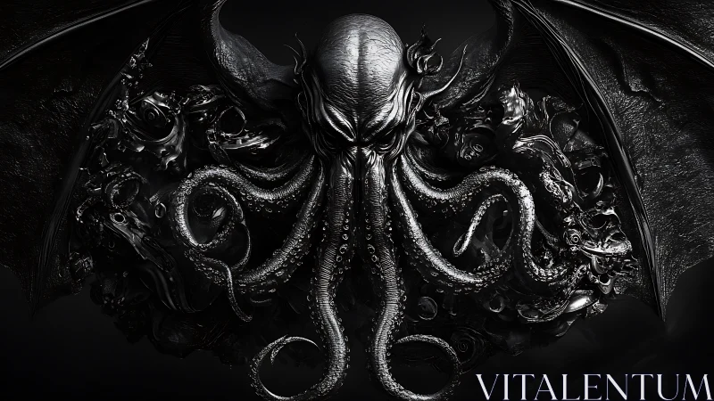 Monochrome Cthulhu bust with wings and coiling tentacles.