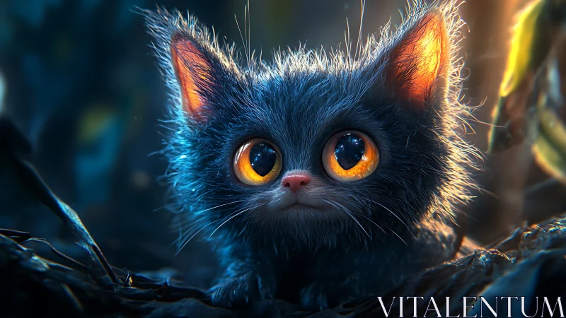 Digital painting of luminous-eyed kitten in cinematic close-up.