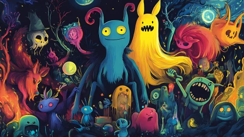 Surreal neon monster ensemble forms a chaotic nocturnal tableau