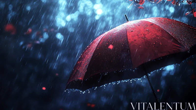 Red umbrella glows under night rain with bokeh lights.