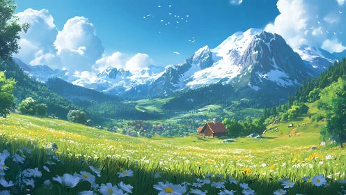 Sunlit alpine meadow dreaming beneath cathedral mountains.