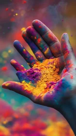 Vibrant open hand holds neon powder in shallow depth of field