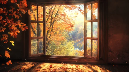 Open wooden window frames expose illuminated autumn foliage