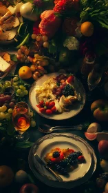 Lush harvest table showcases fruit, flowers, and plated desserts.