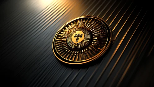 Golden crypto emblem on dark ribbed metal surface.