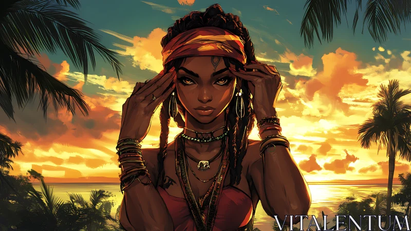 Caribbean sunset portrait of braided woman in layered jewelry