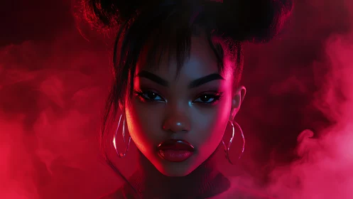 Neon-lit portrait centers bold gaze in crimson haze.