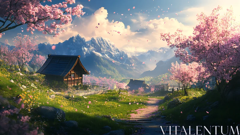 Mountain shrine amid spring cherry blossoms at sunrise.