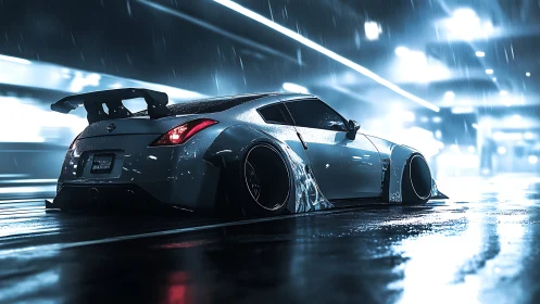 Widebody drift car under neon rain soaked city lights.