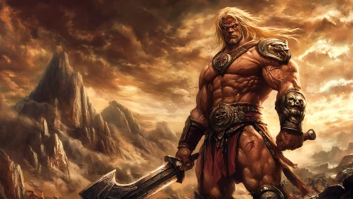 Battle-scarred barbarian warlord in stormlit volcanic canyon