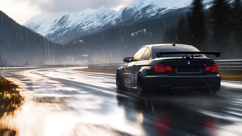 Performance car powers through rainy alpine mountain pass.