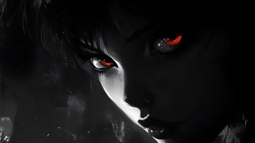 Dark portrait reveals ominous face with glowing red eyes