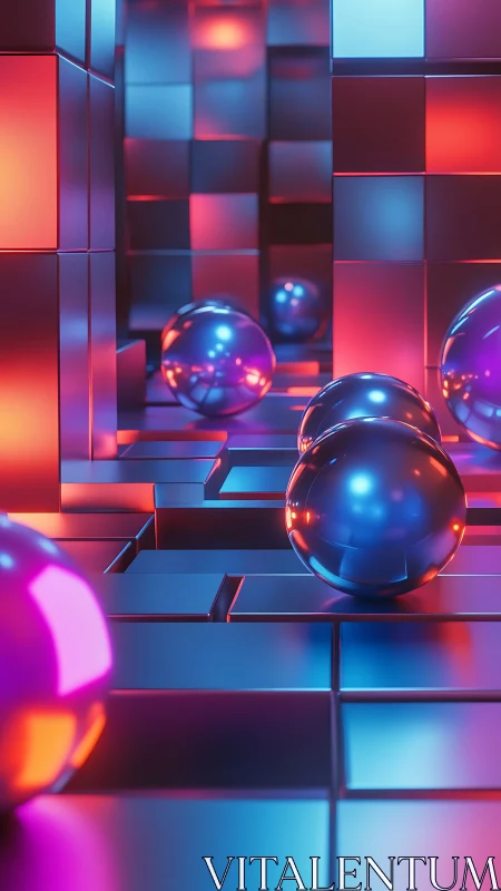Chromed spheres on neon cubes in reflective corridor.