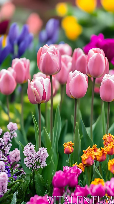 Spring Garden Burst with Pink Tulips in Full Bloom.