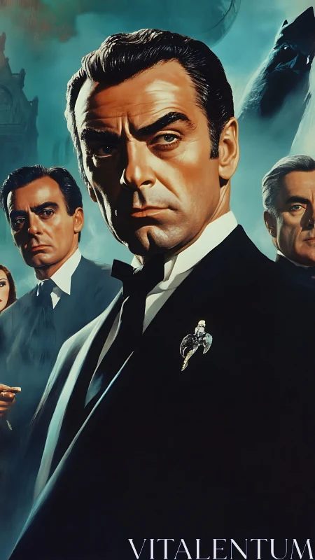Confident spy in a sharp suit framed by moody intrigue.