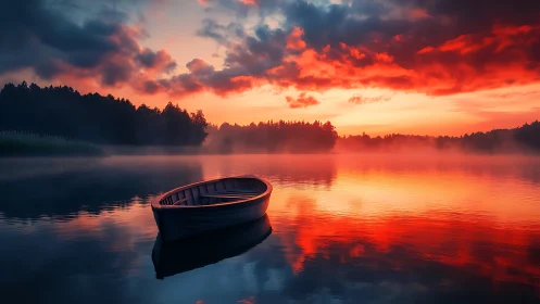 Rowboat on mirror lake under high-saturation red sunset sky