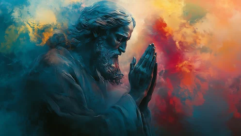 Praying robed figure within ethereal teal and ember clouds.