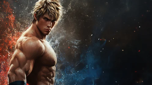 Fiery warrior stands strong amid swirling light and shadow.