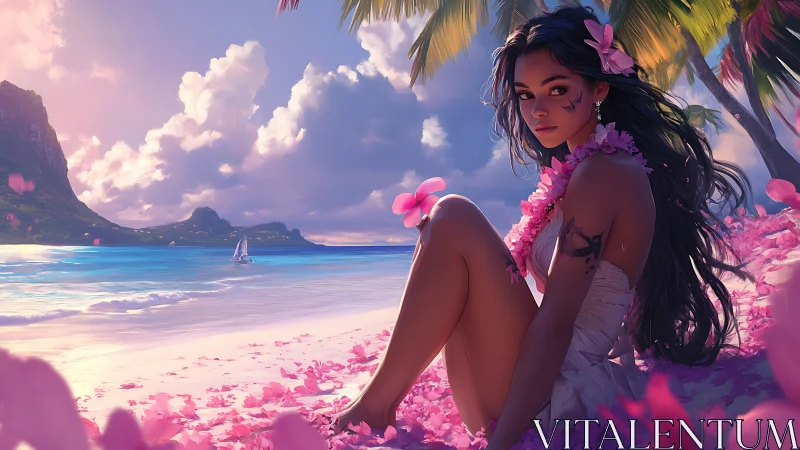 Island muse draped in petals on a twilight dream shore.