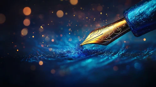 Macro analysis of illuminated fountain pen nib in blue field.