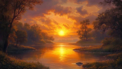 Golden river sunset over calm water and dense trees.