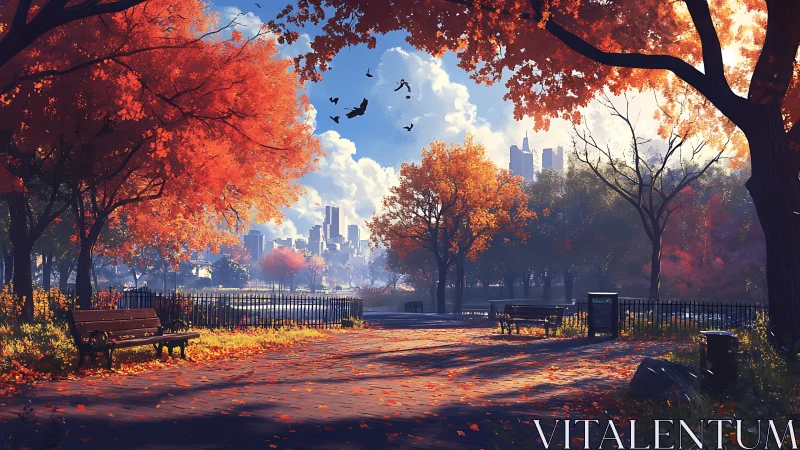 Golden city park path wrapped in gentle autumn light.