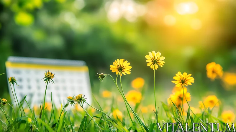 Yellow flowers in lawn with calendar visible in soft focus background