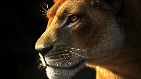 Photorealistic lioness profile in dramatic rim lighting study.