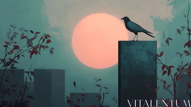 Avian silhouette on monolith against oversized atmospheric sun.