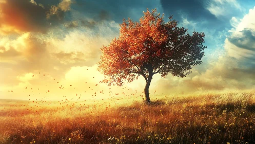 Golden autumn tree softly glowing in a sunlit open field