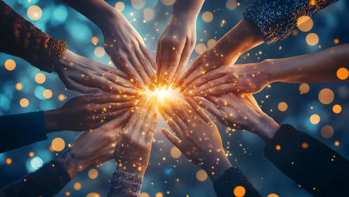 Hands ignite shared starlight in a circle of glowing unity.
