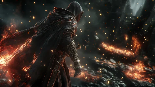 Hooded armored figure stands amid burning embers in ruins