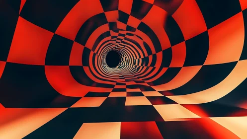 Surreal Red and Black Checkered Tunnel with Optical Illusion Effect.