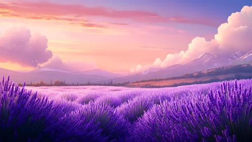 Lavender fields glow beneath pastel mountains at sunset.