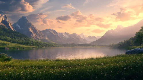 Mountain lake landscape is rendered under diffuse sunset light