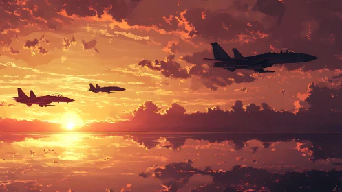 Jet formation silhouettes traverse a saturated cinematic sunset sky