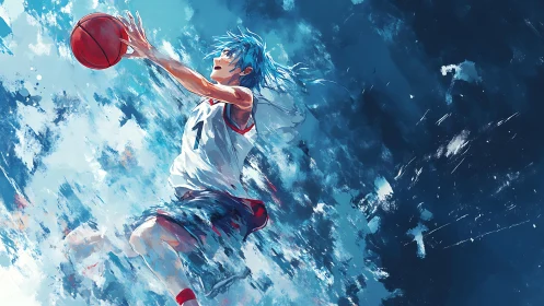 Sky-slicing anime baller leaps through stormy blue paintstorm.