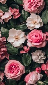 Pink and white roses with green foliage on dark background