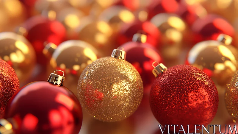 Gold and red Christmas baubles glow under warm light.