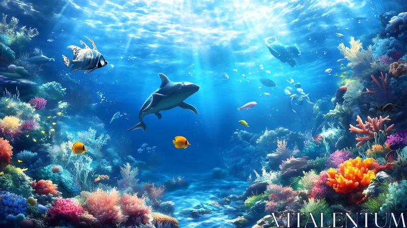 Sunlit coral reef welcomes playful fish and a gliding shark