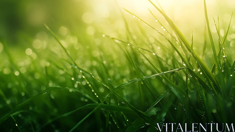 Morning sunlight gently awakens fresh dewy blades of grass