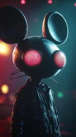 3D mouse-headed DJ figure under neon concert lights.