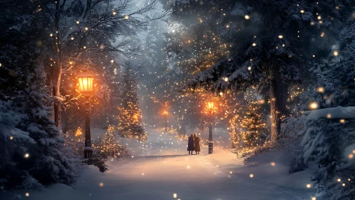 Snow-covered forest pathway is illuminated by warm lamplights