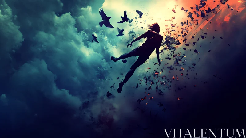 Silhouetted figure ascends through fragmented sky and birds
