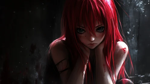 Crimson haired girl broods in shadowed, rain streaked silence.