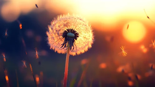 Dandelion wishes drift through molten sunset light. Period.