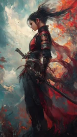 Side view shows armored swordswoman in turbulent painted scene