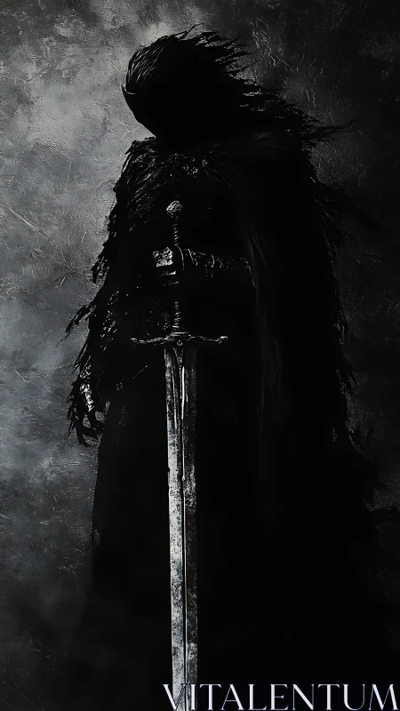 Silhouetted dark knight rendered with high contrast chiaroscuro lighting